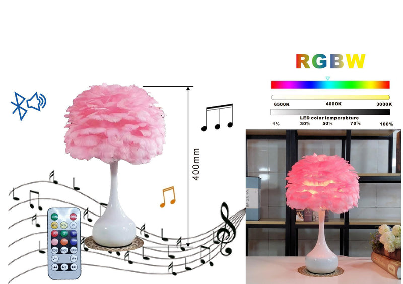 Lampada Led Rgb Con Piume Bianco Tavolo Comodino Bluetooth Telecomando Musica