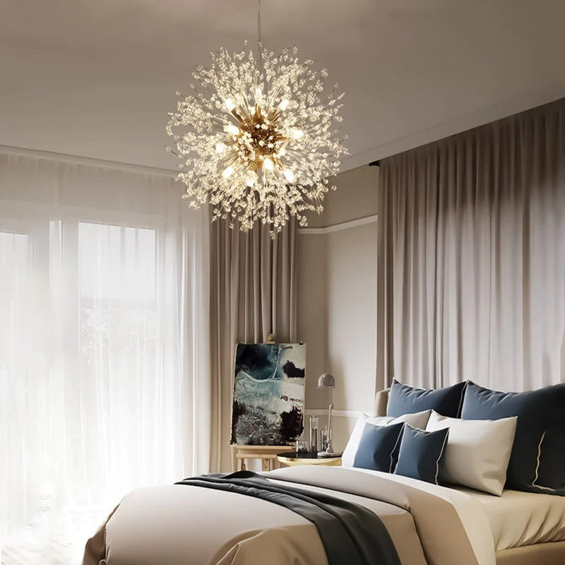 Lampadario 9 Luci Led Soffione Forma Di Fuoco D’artificio Cristalli Moderno