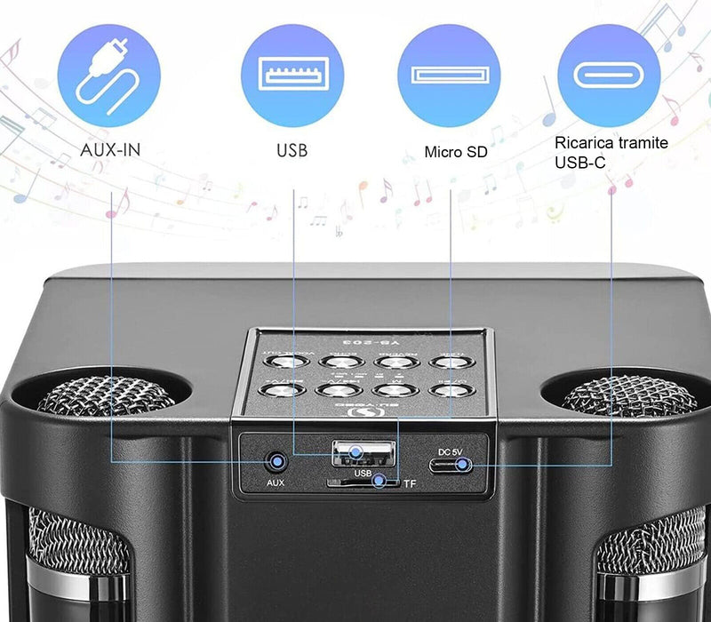 Cassa Bluetooth Portatile Karaoke 2 Microfoni Wireless USB