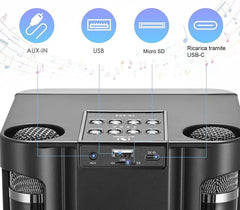 Cassa Bluetooth Portatile Karaoke 2 Microfoni Wireless USB