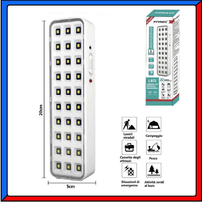 Lampada Di Emergenza Torcia Luce 30 Led Ricaricabile Portatile Pesca Campeggio - INmille