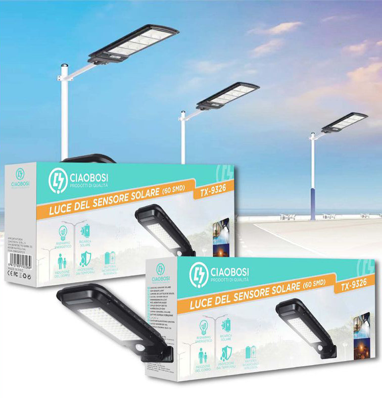 Faro Lampione Stradale Pannello Solare Fotovoltaico Sensore 60 Led Smd
