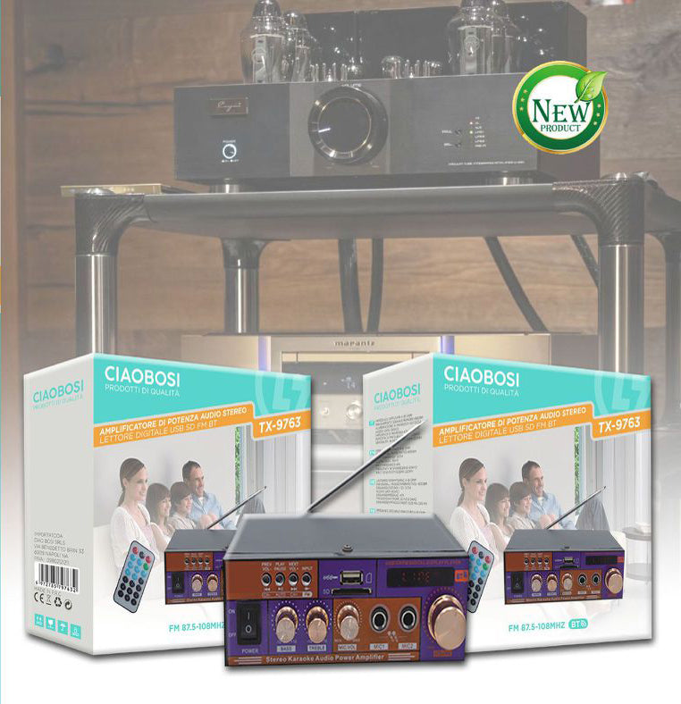 Amplificatore Audio Bluetooth Stereo Hi-Fi Usb Aux Fm 2 Canali Casa Auto 30 W