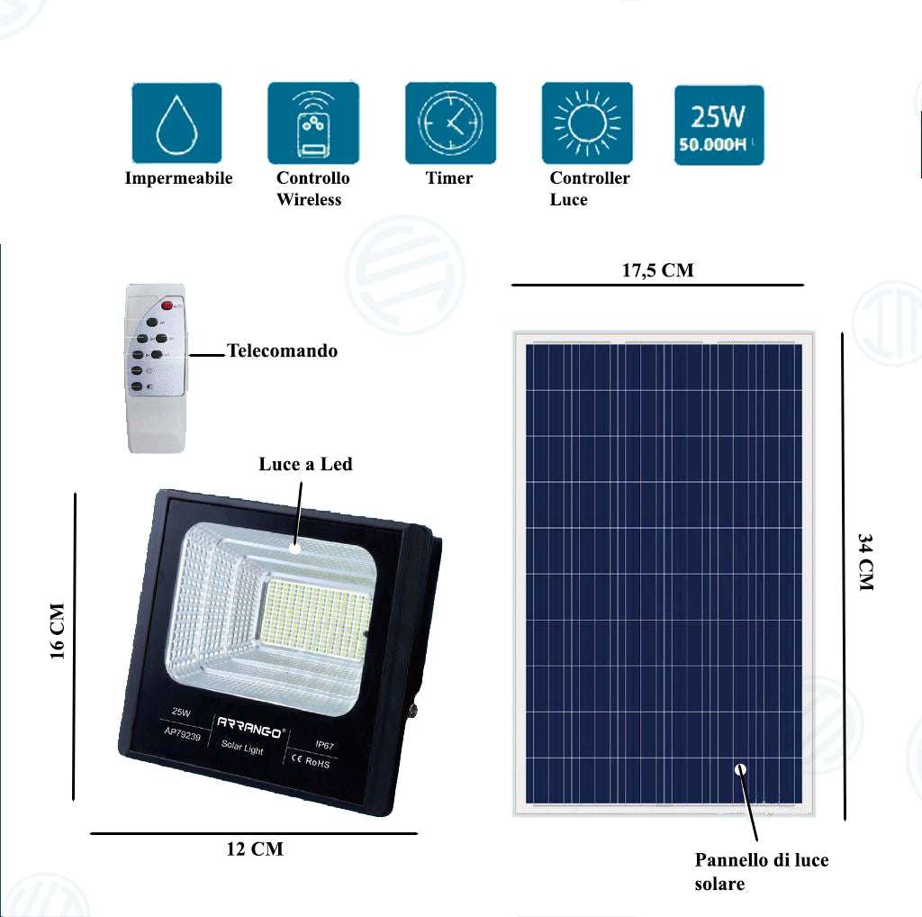 Faro Energia Solare Led Esterno Con Pannello E Telecomando 25 W