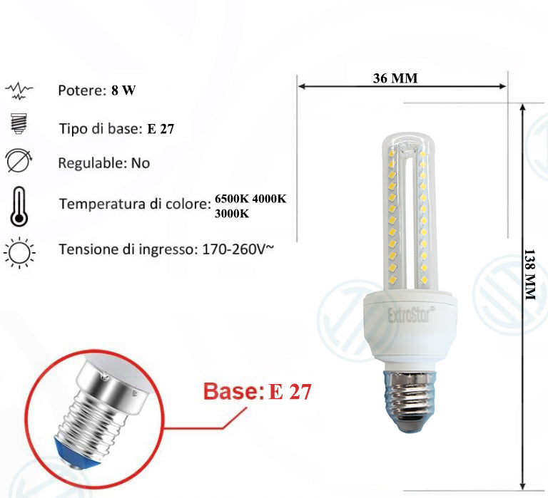 Lampadina Led a U Trasparente 8W E27