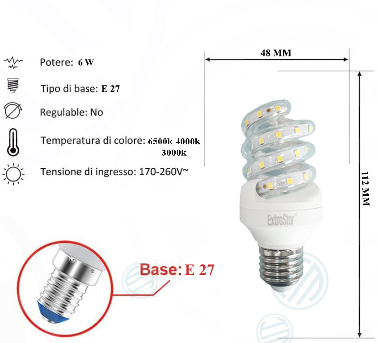 Lampadina Led a Spirale Trasparente 6W E27