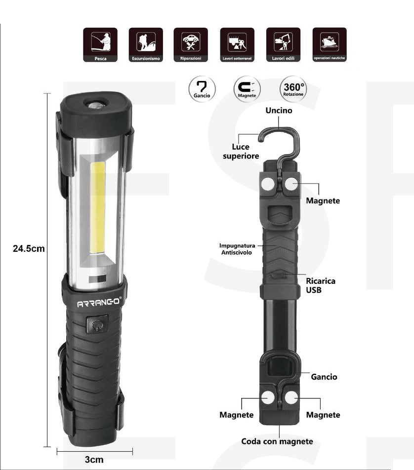 Lampada Torcia Da Lavoro Ricaricabile Calamitata Portatile Led