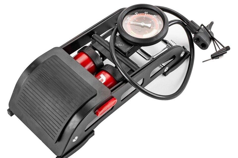Gonfiatore Pompa A Pedale Manometro A 2 Cilindri Bici Auto Moto 10 Bar 160 Psi