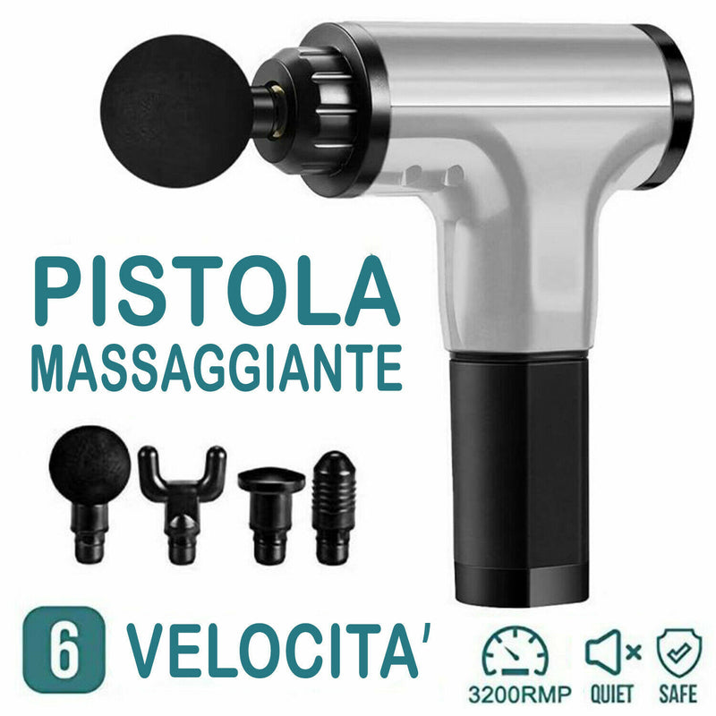 Mini Pistola Massaggio Muscolare Massage Gun 4 Testine 6 Modalità Di Velocità